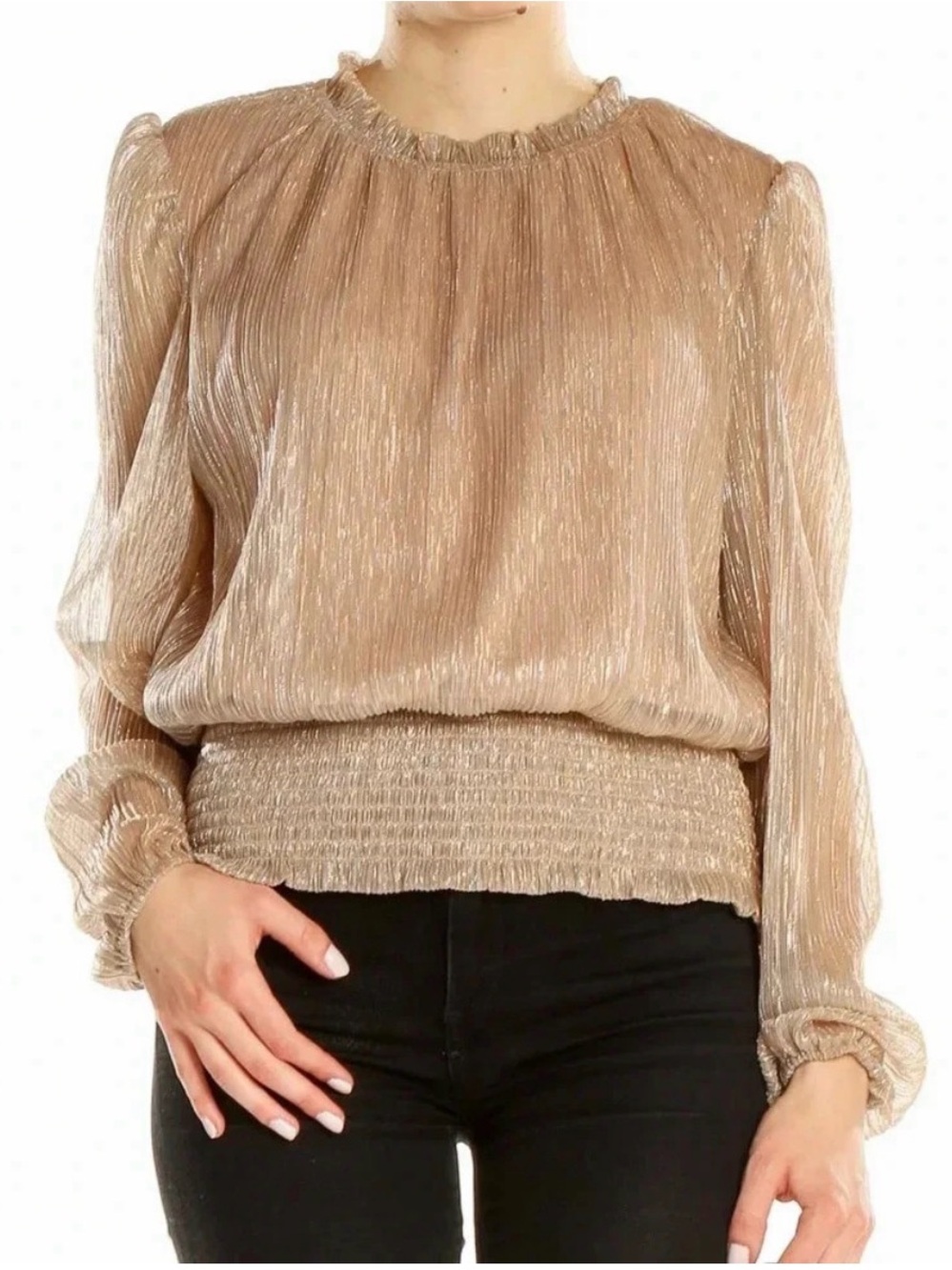 Joie Champagne gold shimmer Ruffle-Neck Blouse